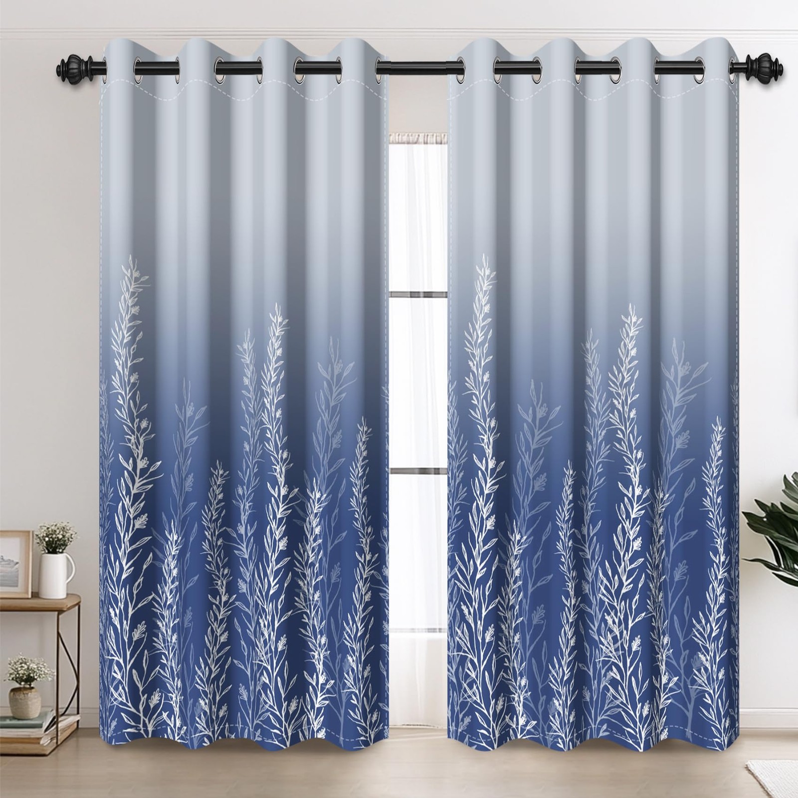 Blue Grey Gradient Wild Grass Blackout Window Curtains, Abstract Art Botanica…
