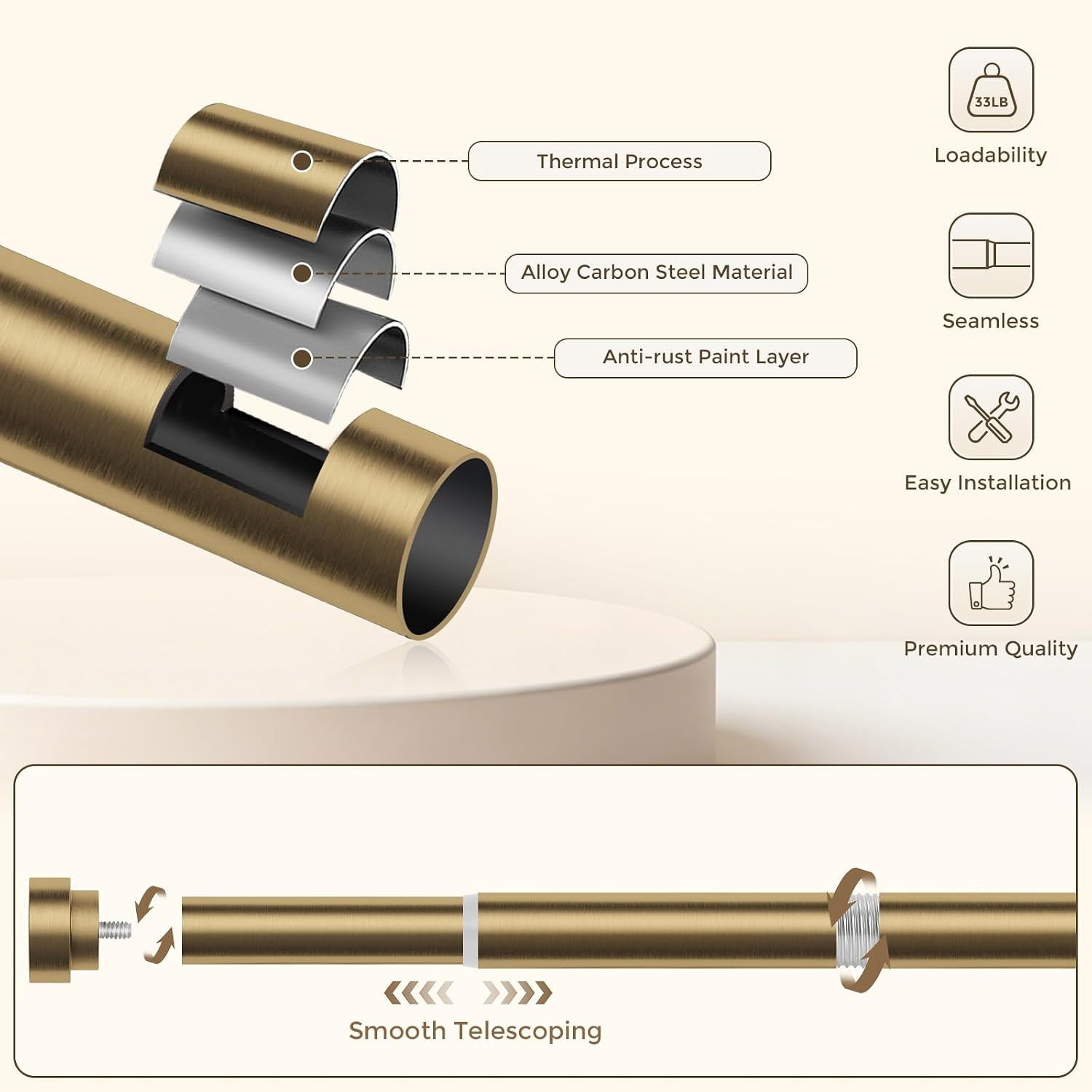 Hei!Dear Brass Gold Curtain Rods 36 to 88 Inch, Brushed Warm Gold 1″ Adjustable