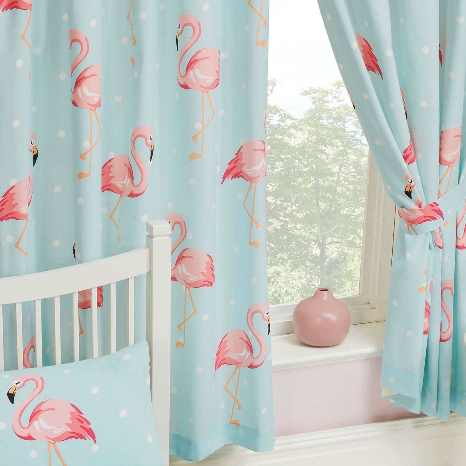 FIFI FLAMINGO DOTS CURTAINS 66″ x 54″ KIDS FULLY LINED WITH TIE BACKS