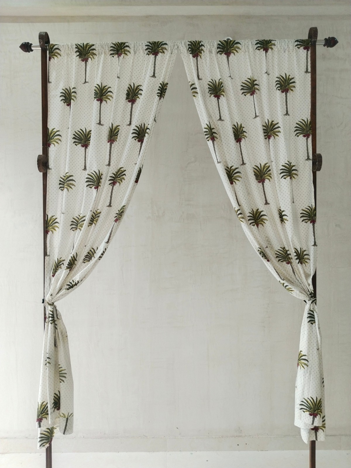 Palm Tree Print Cotton Curtains | Semi-Sheer Set of 2 Panels | Tropical Window
