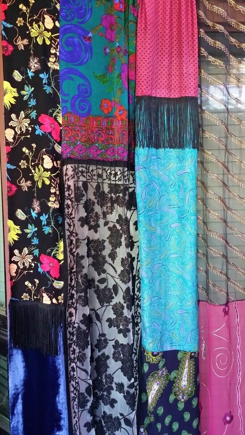 2 Pcs Indian Sari Patchwork Curtain Drape Window Decor Multi Silk Sari Curtain
