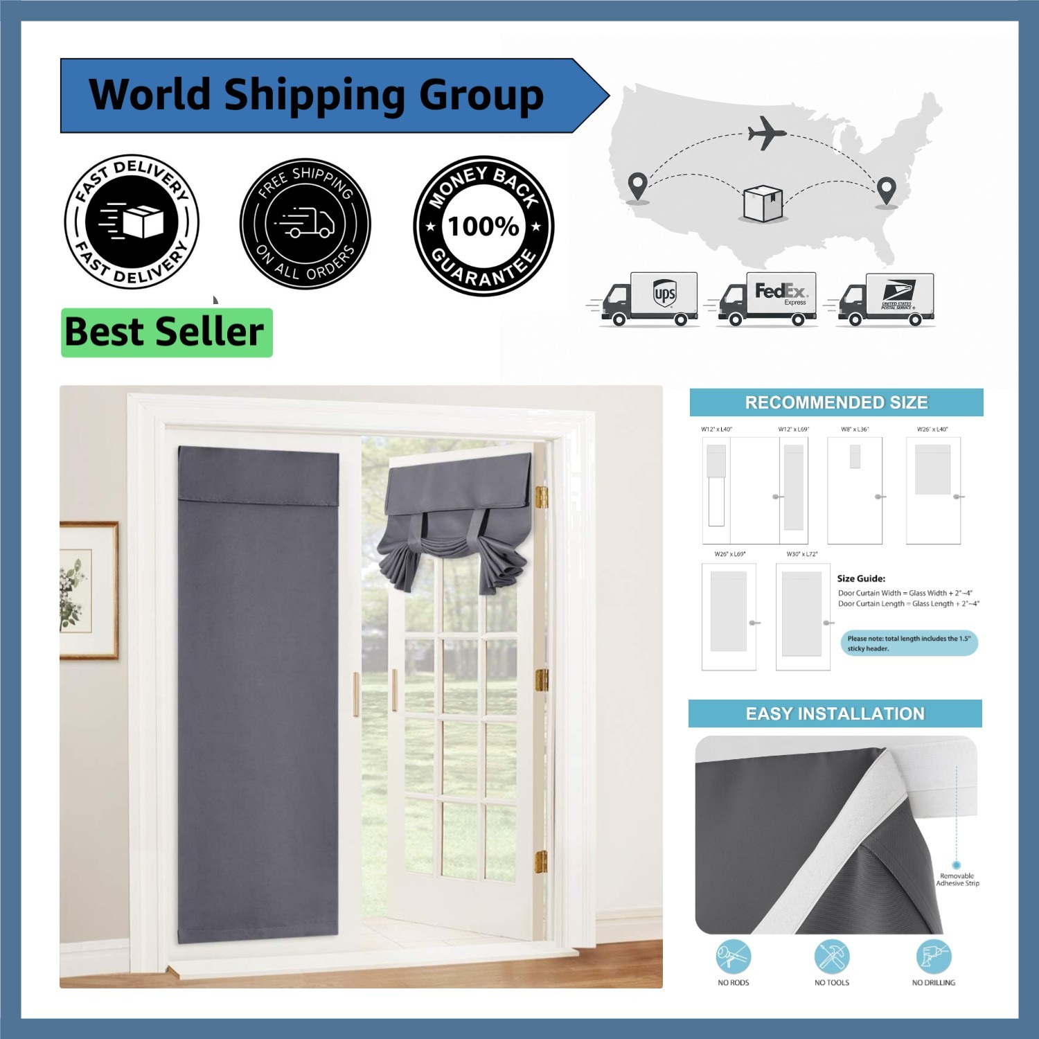 Versatile Grey Blackout French Door Curtain – No-Drill, Adjustable, 26″W x 69″L