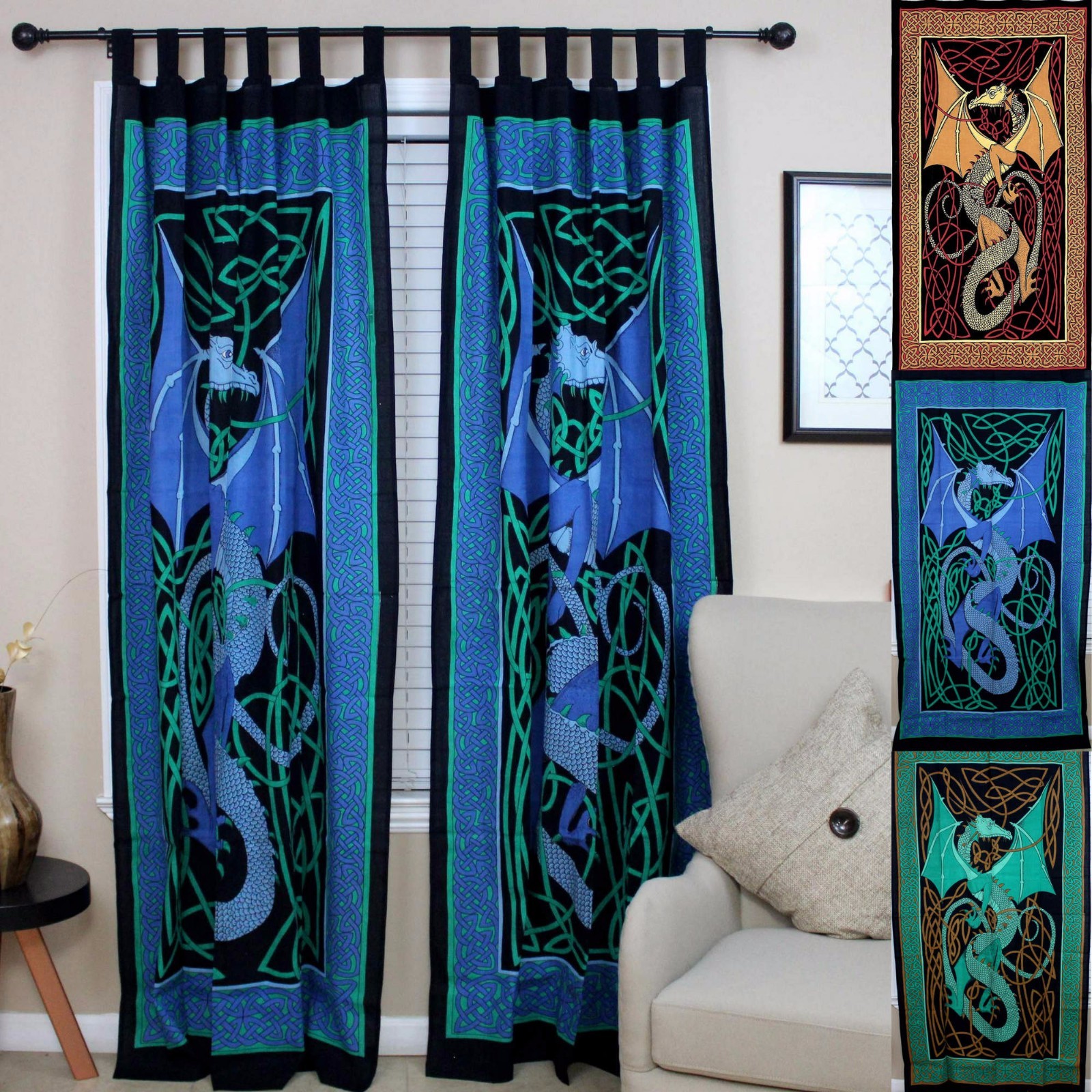 Celtic Dragon Curtain Cotton Drape Panel Green 44 x 88 inches