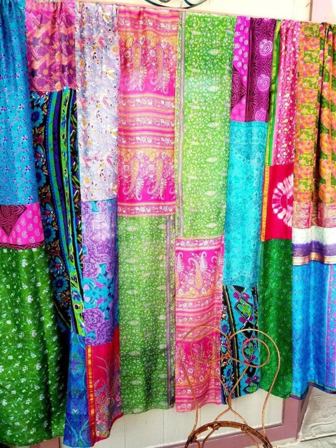2 Pcs Indian Sari Patchwork Curtain Drape Window Decor Multi Silk Sari Curtain