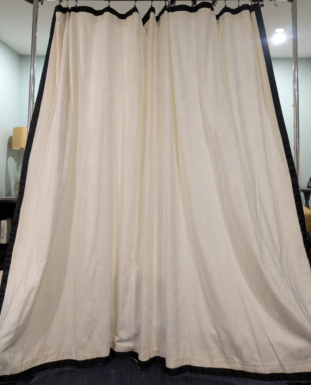 1 pair/2 panels White Jacquard Drapes Black Ribbon Border each panel 109″Wx 81″L