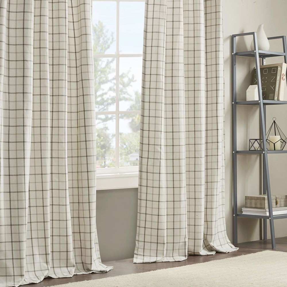 Plaid Rod Pocket and Back Tab Curtain Panel with Fleece Lining Natural 50×95″
