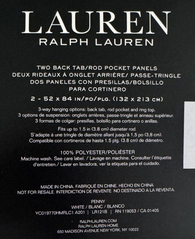 New Ralph Lauren Window Curtains 2 Panels Snow White 52 x 84 Back Tab Penny