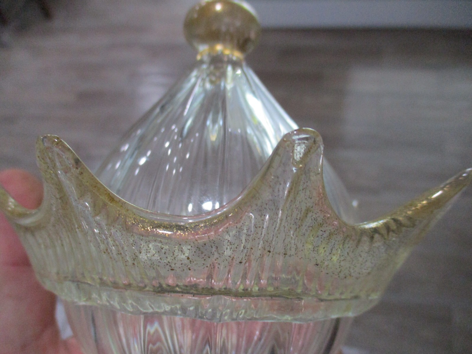 Murano Clear crown gold button top scalloped Murano Glass Curtain Rod Finial