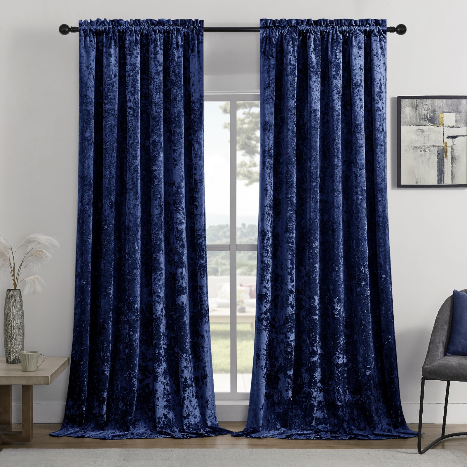 Smiletime Navy Blue Crushed Velvet Curtains 52X108Inch Rod Pocket Luxurious