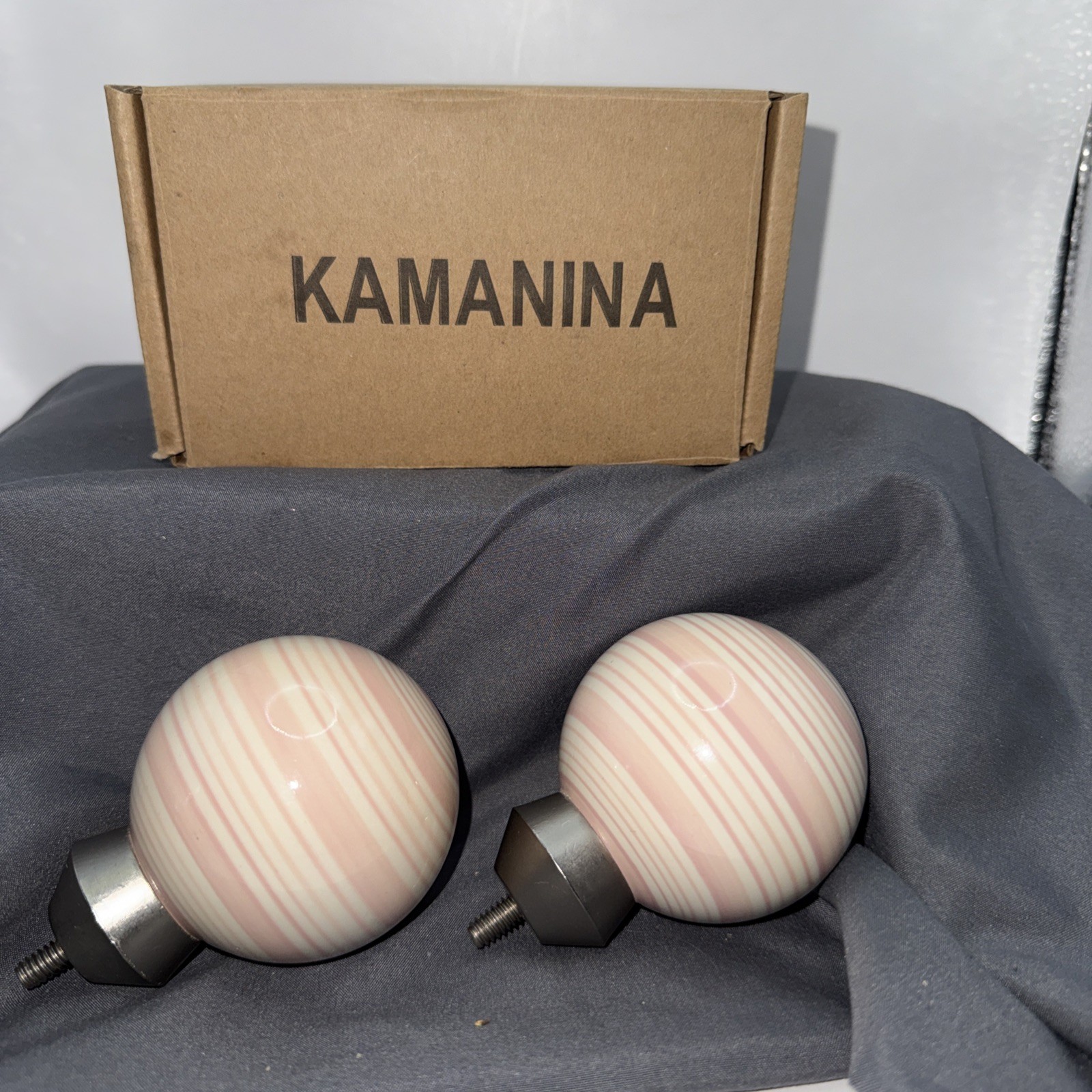 Kamanina Stripe Pink finials-Lot of 2 Contemporary Minimalist Silver NIB