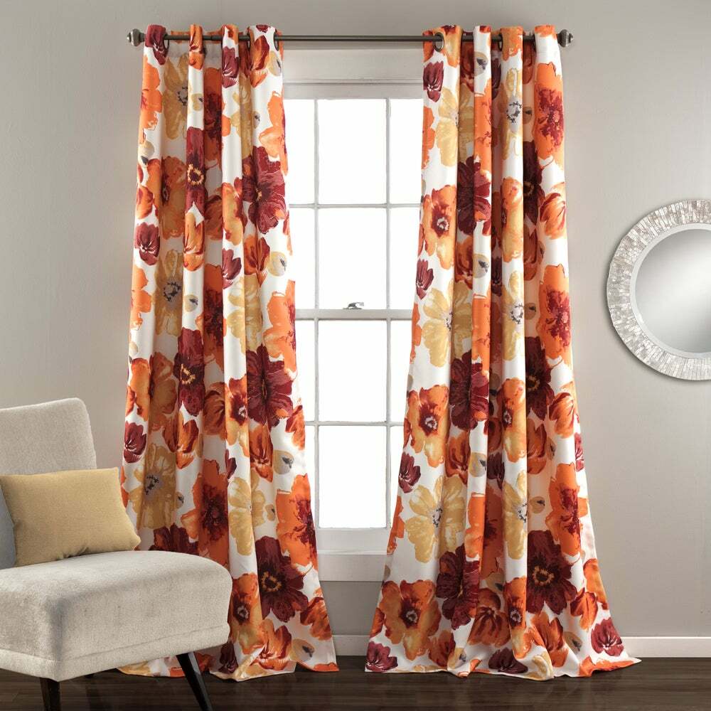 Set 2 Red Orange White Floral Curtains Panels Drapes 63 84 95 108 in Darkening