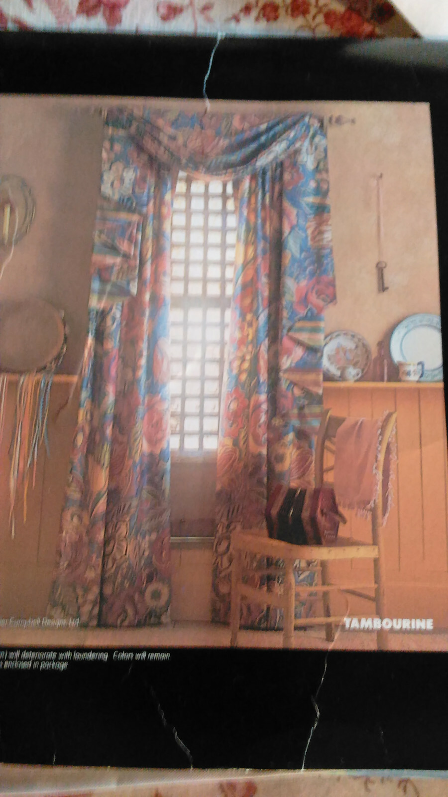 CHAPS LARGE WINDOW SCARF-2 FABRICS-PARCHMENT AND PLAID-252″ LONG COTTON FABRIC