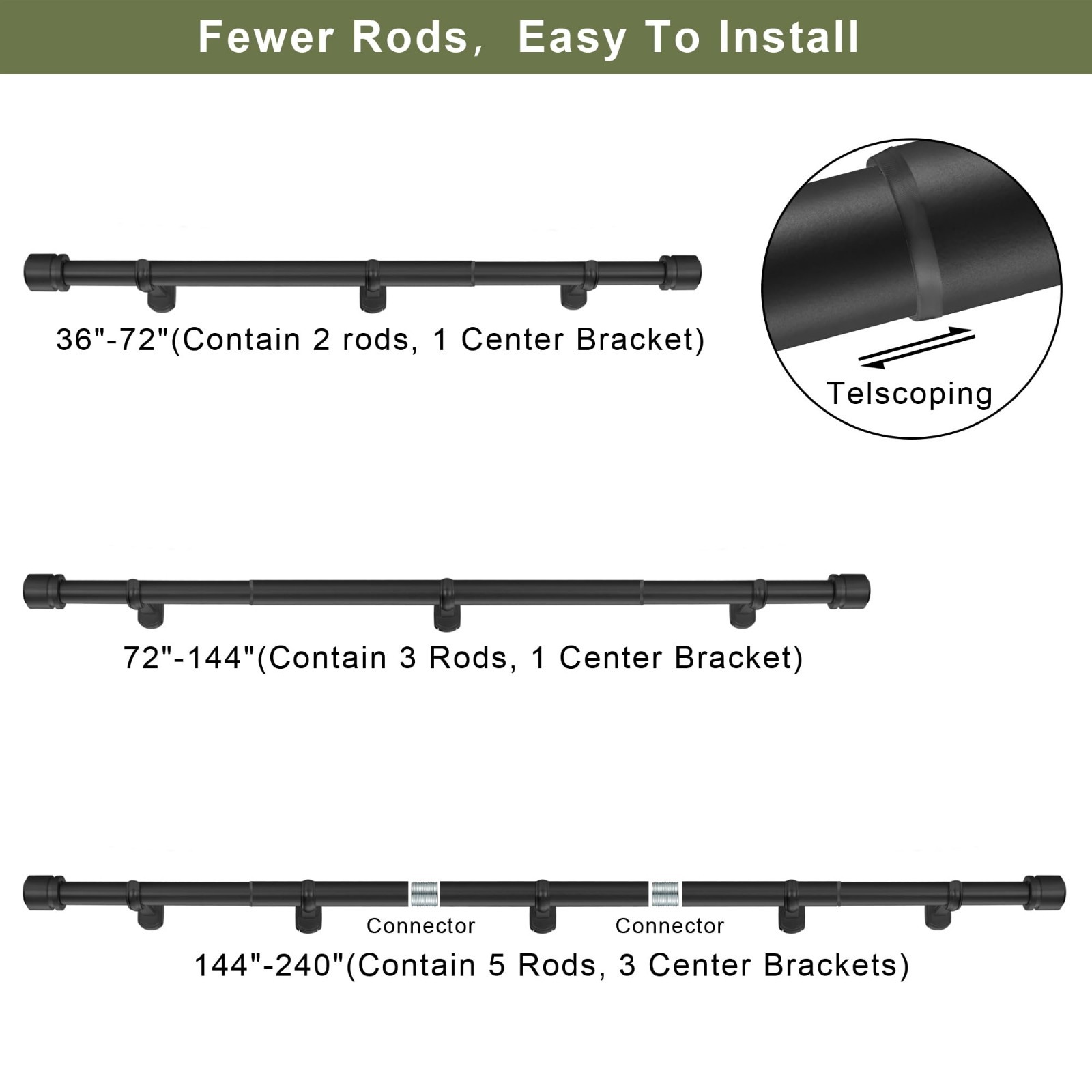 Heavy Duty 1 1/8″ Curtain Rods 12-20ft Telescoping Drapery Rods, Matte Black, Ad