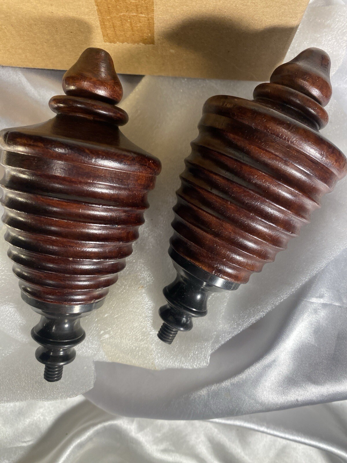 POTTERY BARN Library Urn Finials Aged Bronze Wooden Mahogany INDIA NIB-RARE