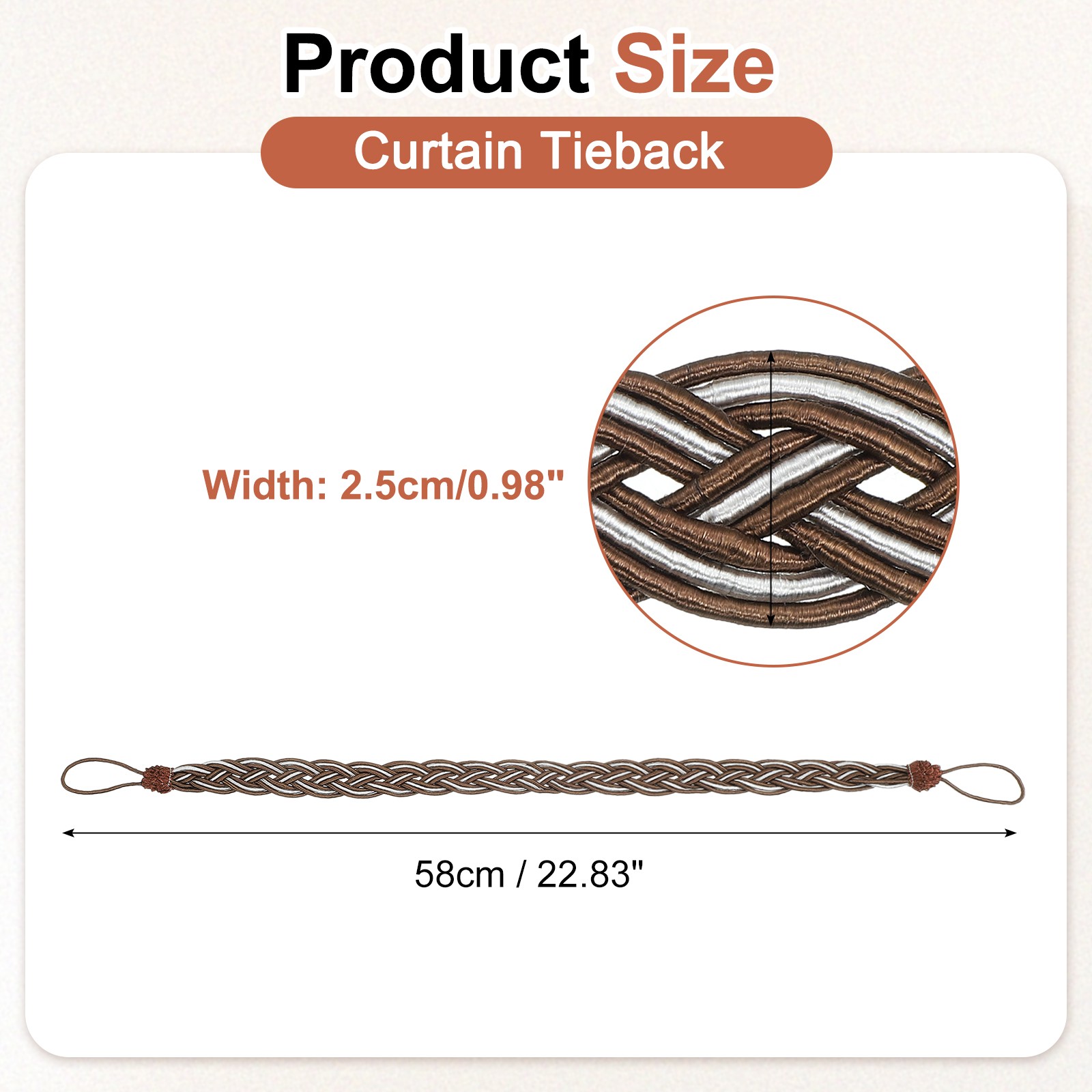 2Pcs 58cm/23″ Curtain Tiebacks Braided Drapery Holdback Holder Dark Brown]