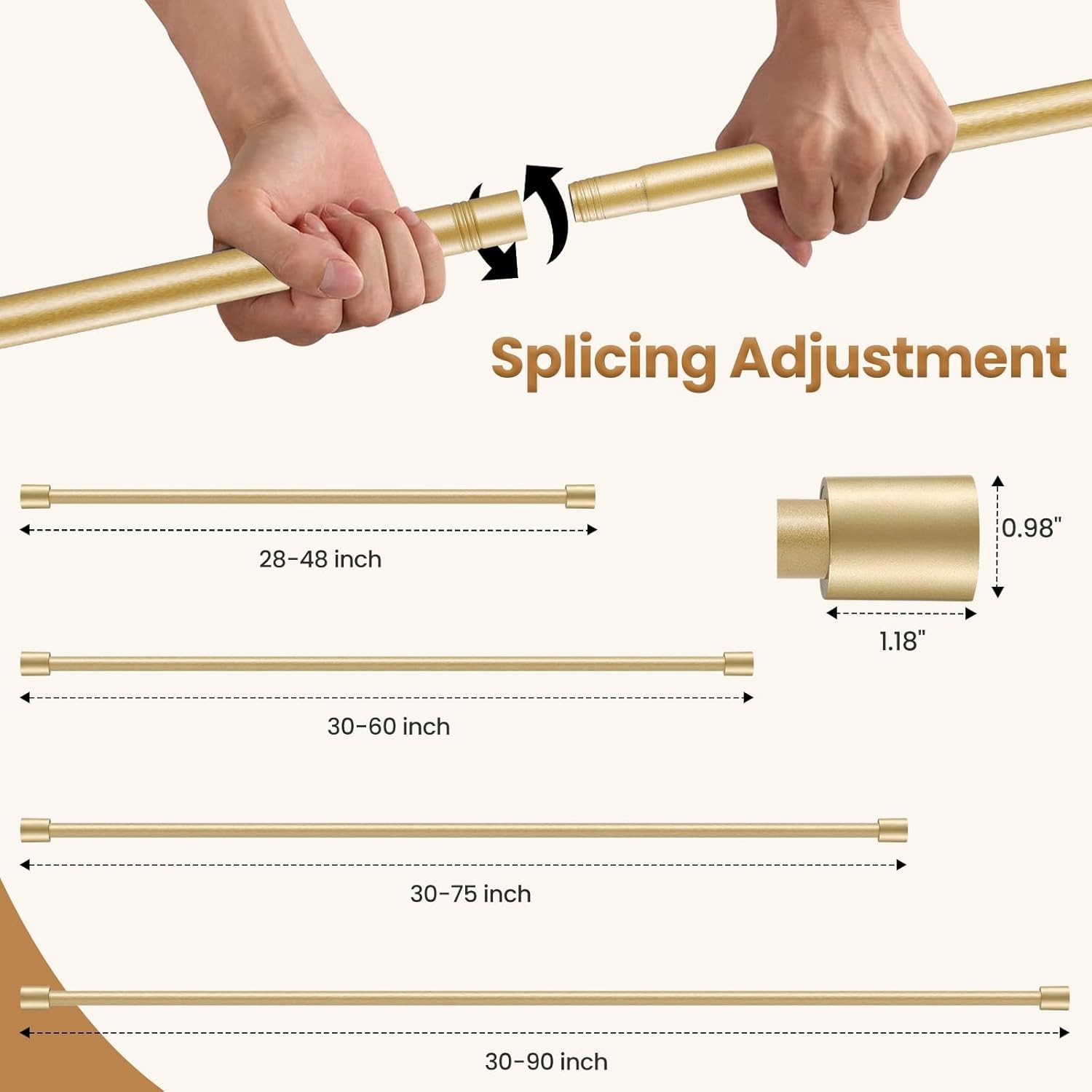 Gold Curtain Rod for Windows 28 to 48 Inch, 5/8 Inch Splice Adjustable Curtain