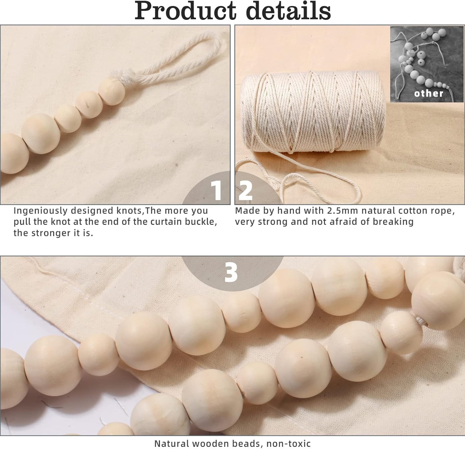 Hion 2 Pcs Boho Curtain Tiebacks,Wood Beads Curtain 19.69″L x 0.79″