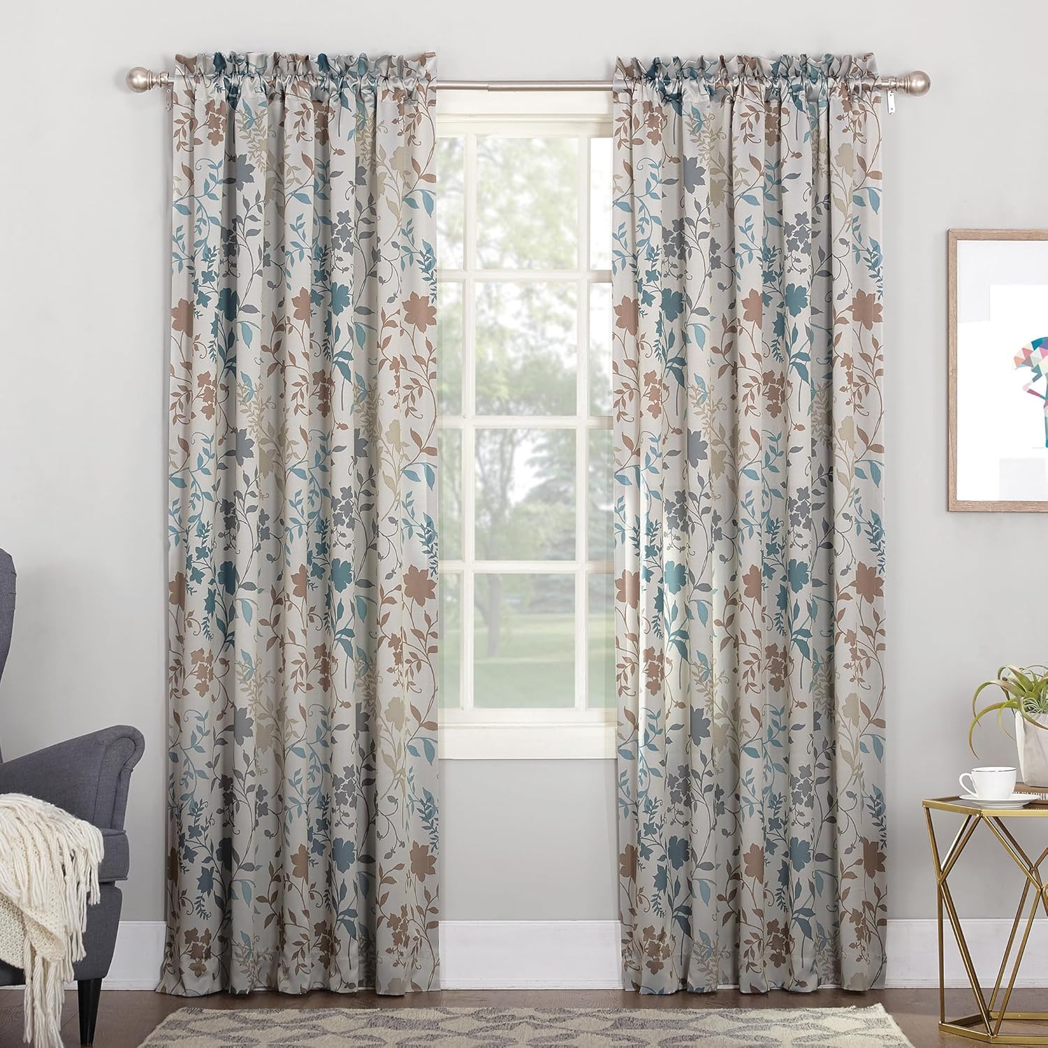 Kara Floral Print Energy Efficient Rod Pocket Single Curtain Panel, 54″ X 84″, S