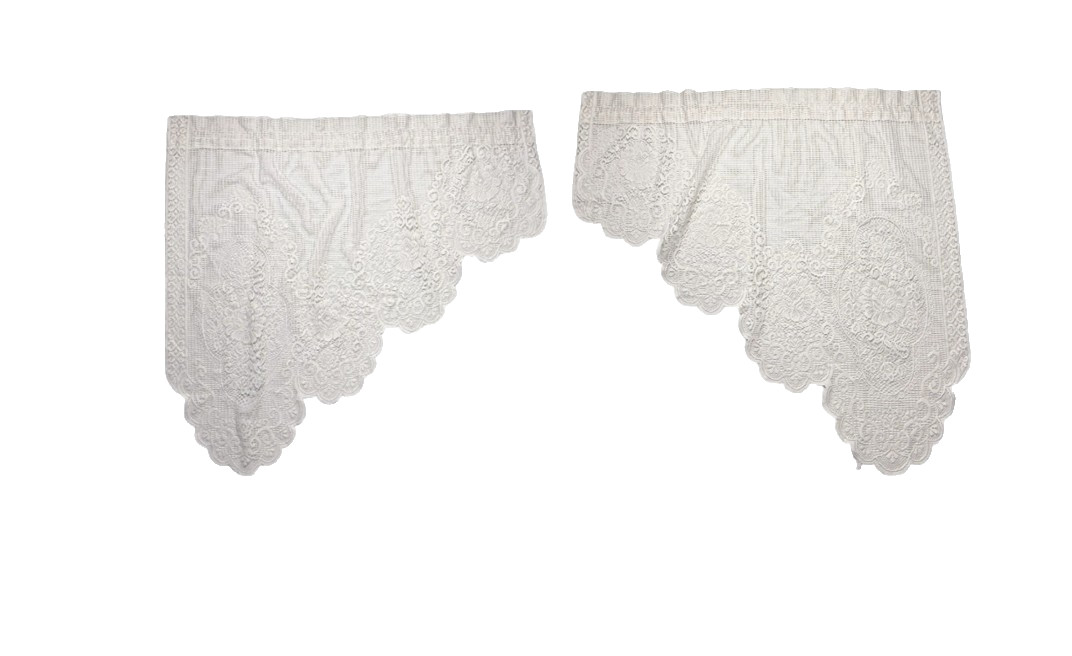 Pair Vintage Sear Swag Valances White Lace Short Curtains Left & Right Scalloped