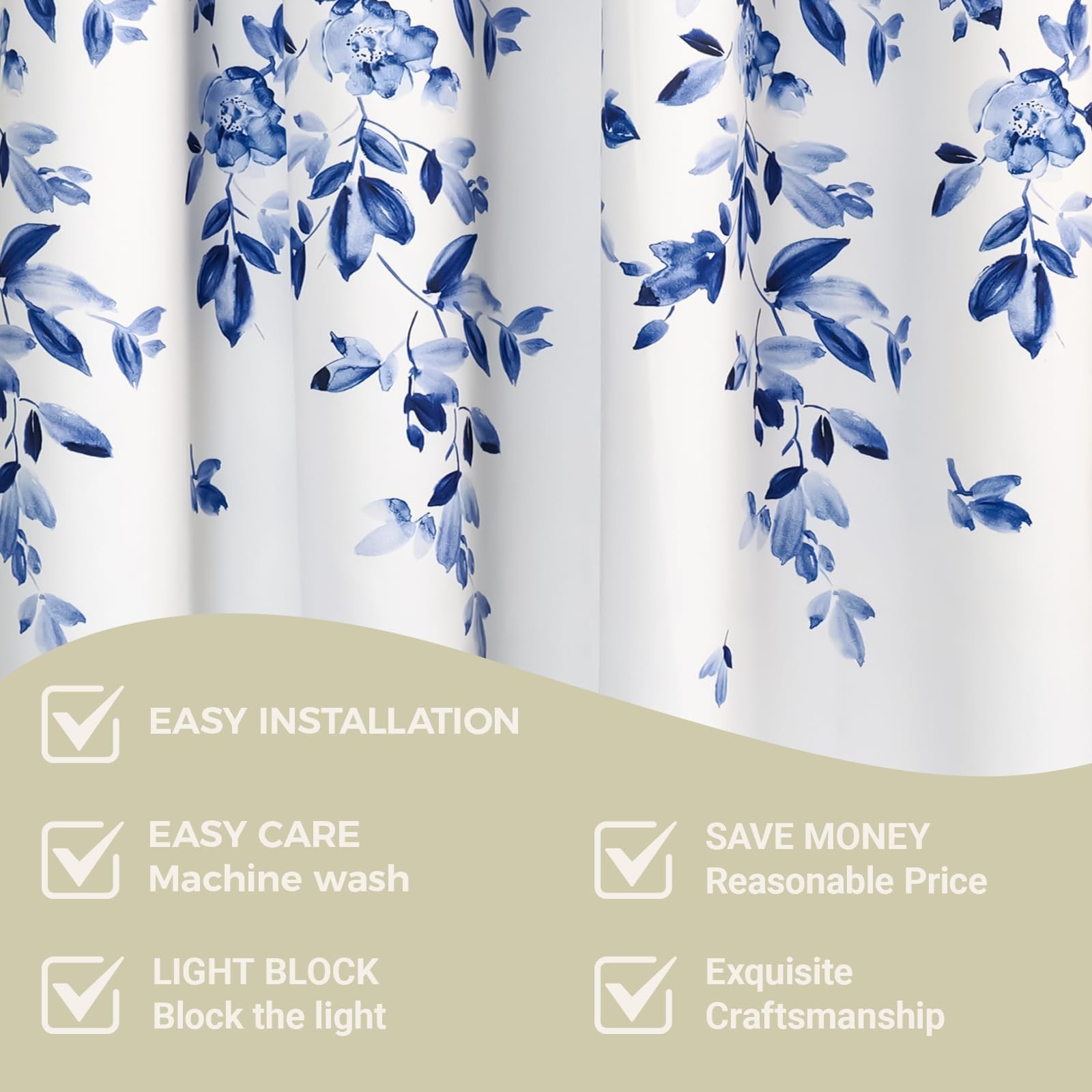 Navy Blue Floral Blackout Curtains, Blue and White Chinoiserie Grommet Curtai…