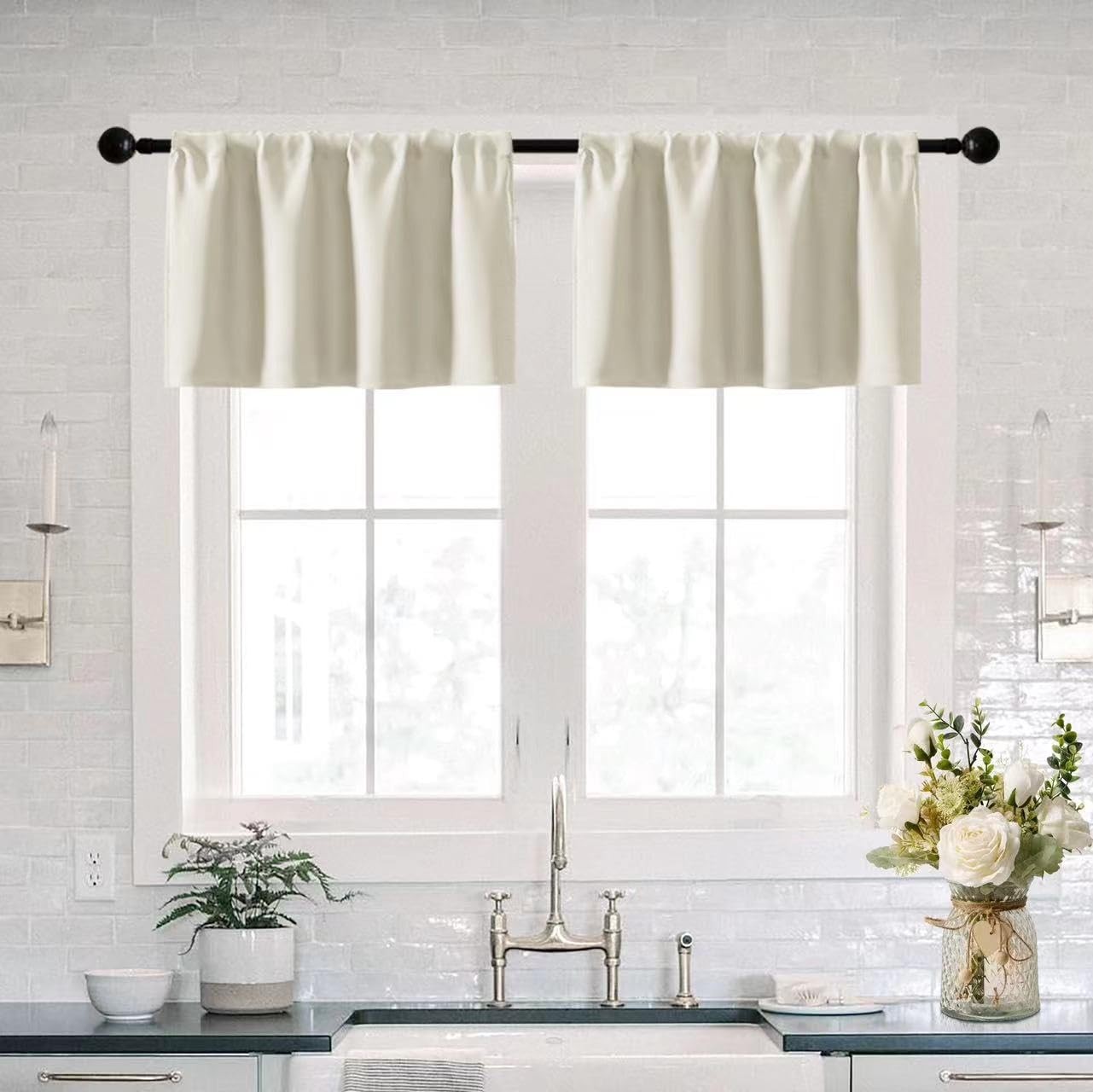 XTMYI Valance Curtains 42″W x 18″L 2 Pack Ivory Waterproof Kitchen Bathroom