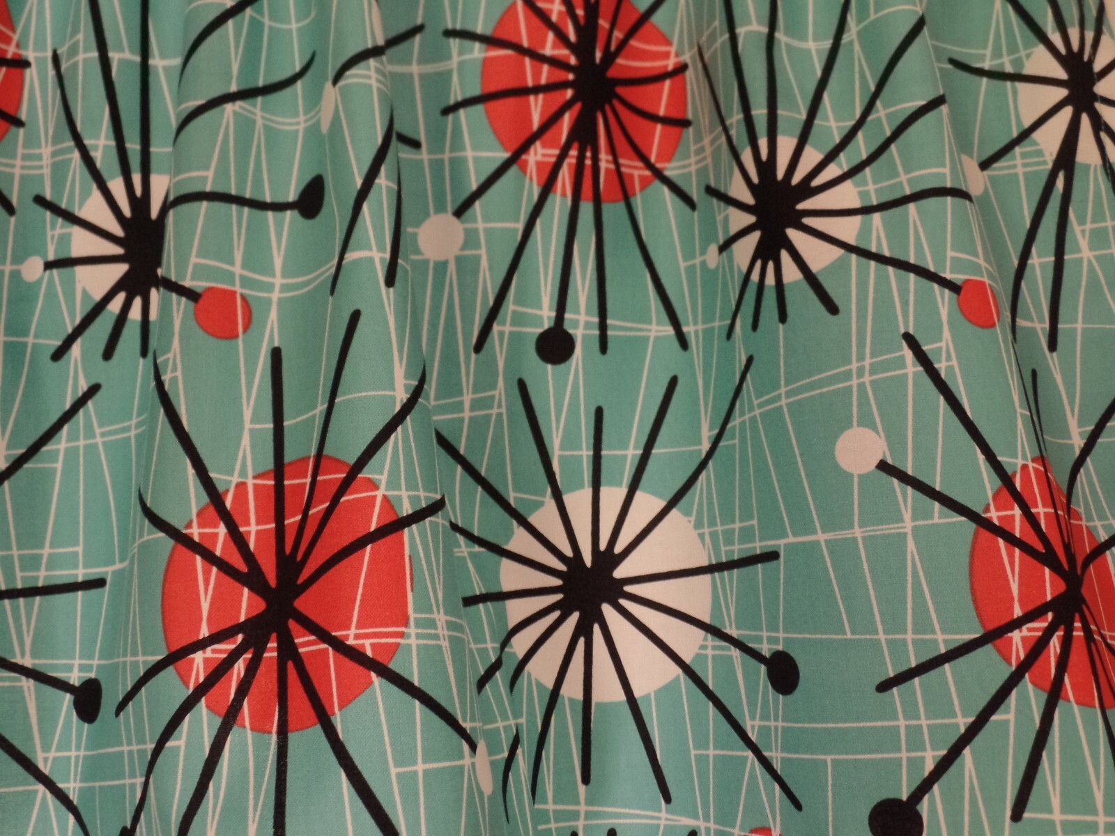 Retro 50’s Aqua Atomic Spheres, Black Spikes, Handmade Window VALANCE 42″ x 16″