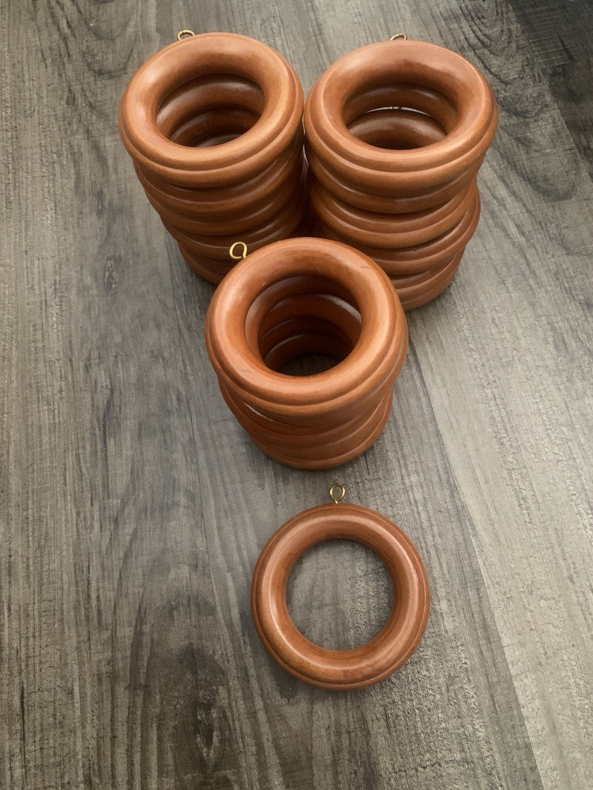 Wood Curtain Rod Pole Rings with Eye Hooks, Lot of 18 Wooden Drapery Ring