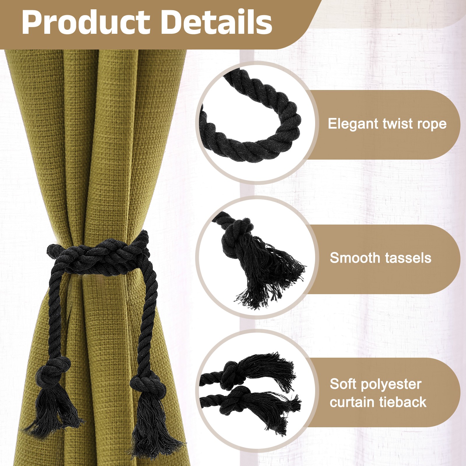 2Pcs Rope Curtain Tiebacks, 30″ Polyester Tassel Curtain Holdback, Black