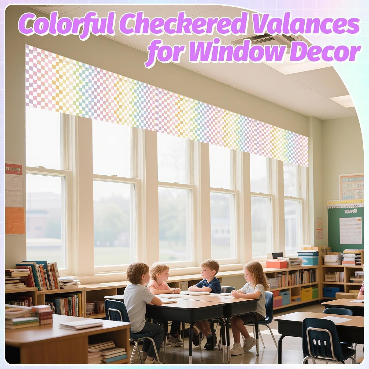 4PCS Pastel Checkered Classroom Curtains Rainbow Checkered Kitchen Valances for