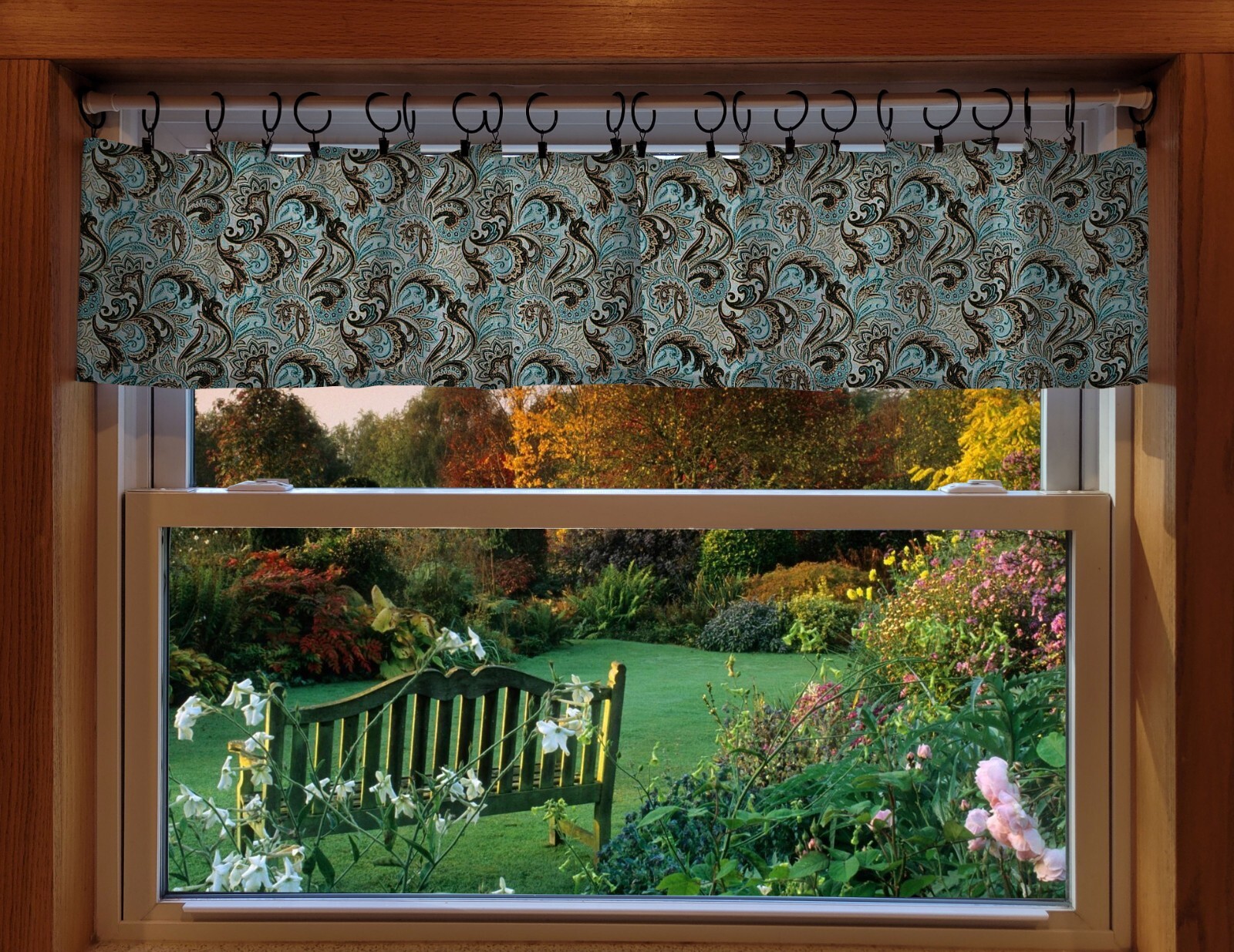 Brown & Teal Paisley Ring Top Valances or Curtains