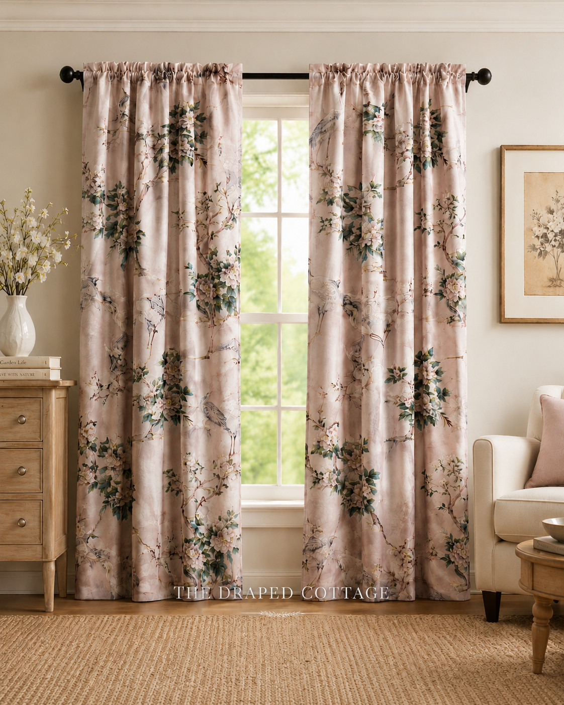 Callisto Crane Floral Curtains Blush Pink Set Of 2 Botanical Bird Drapes 38X96