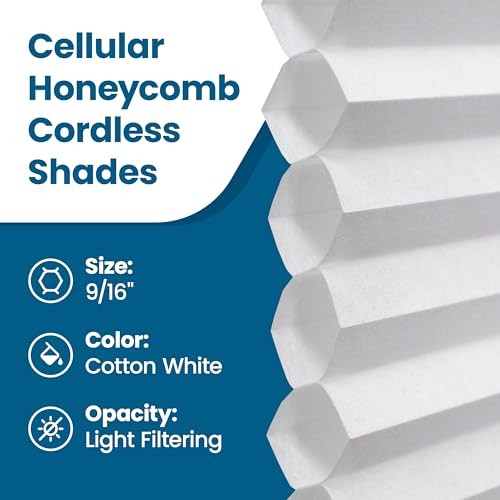 Cellular Honeycomb Cordless Shade, 9/16″ Single Cell, Light 23″W x 72″H White
