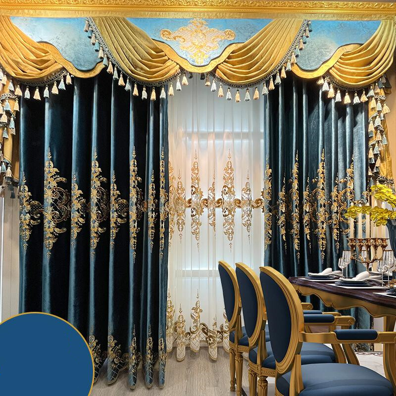 living room thick velvet embroidery blue cloth valance curtain tulle drape C1932