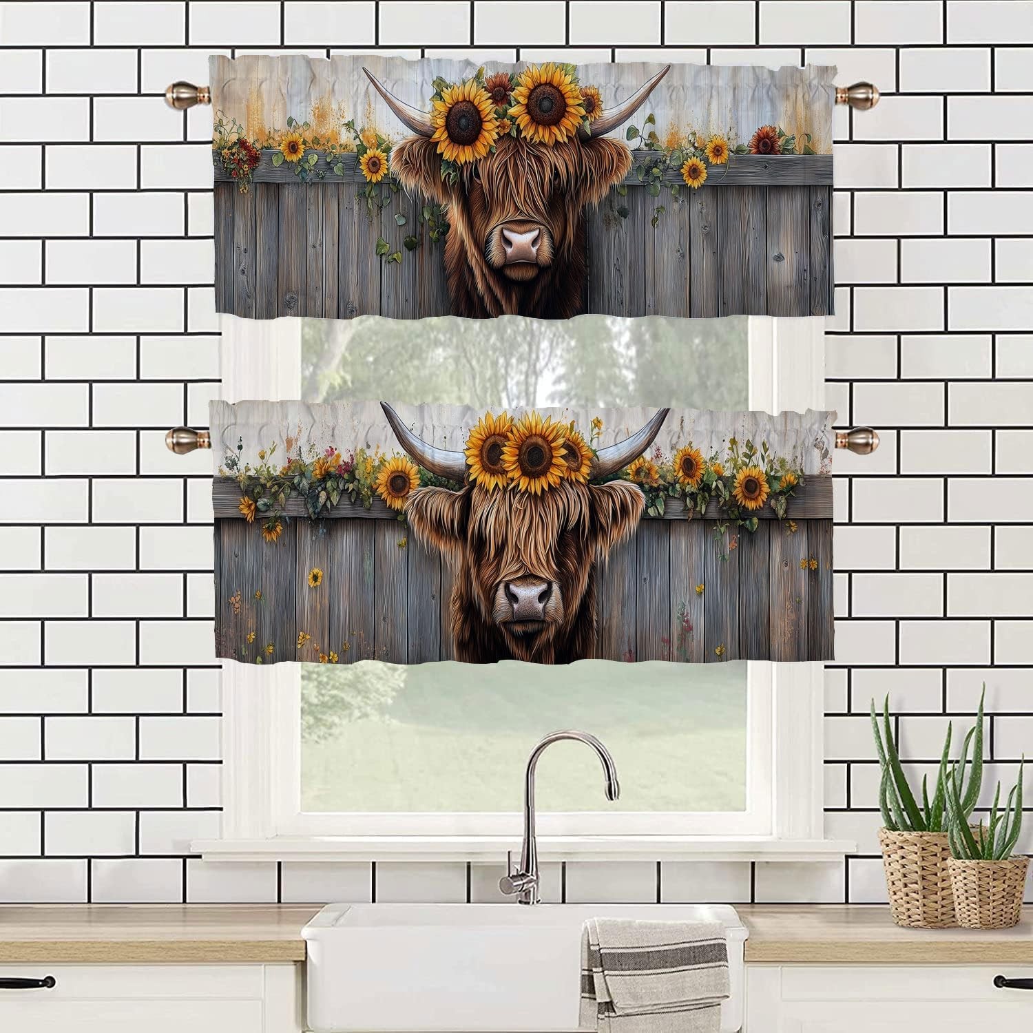 Valances Curtains for Kitchen 52″W x 18″L (Pack of 2) Highland Cow Sunflower