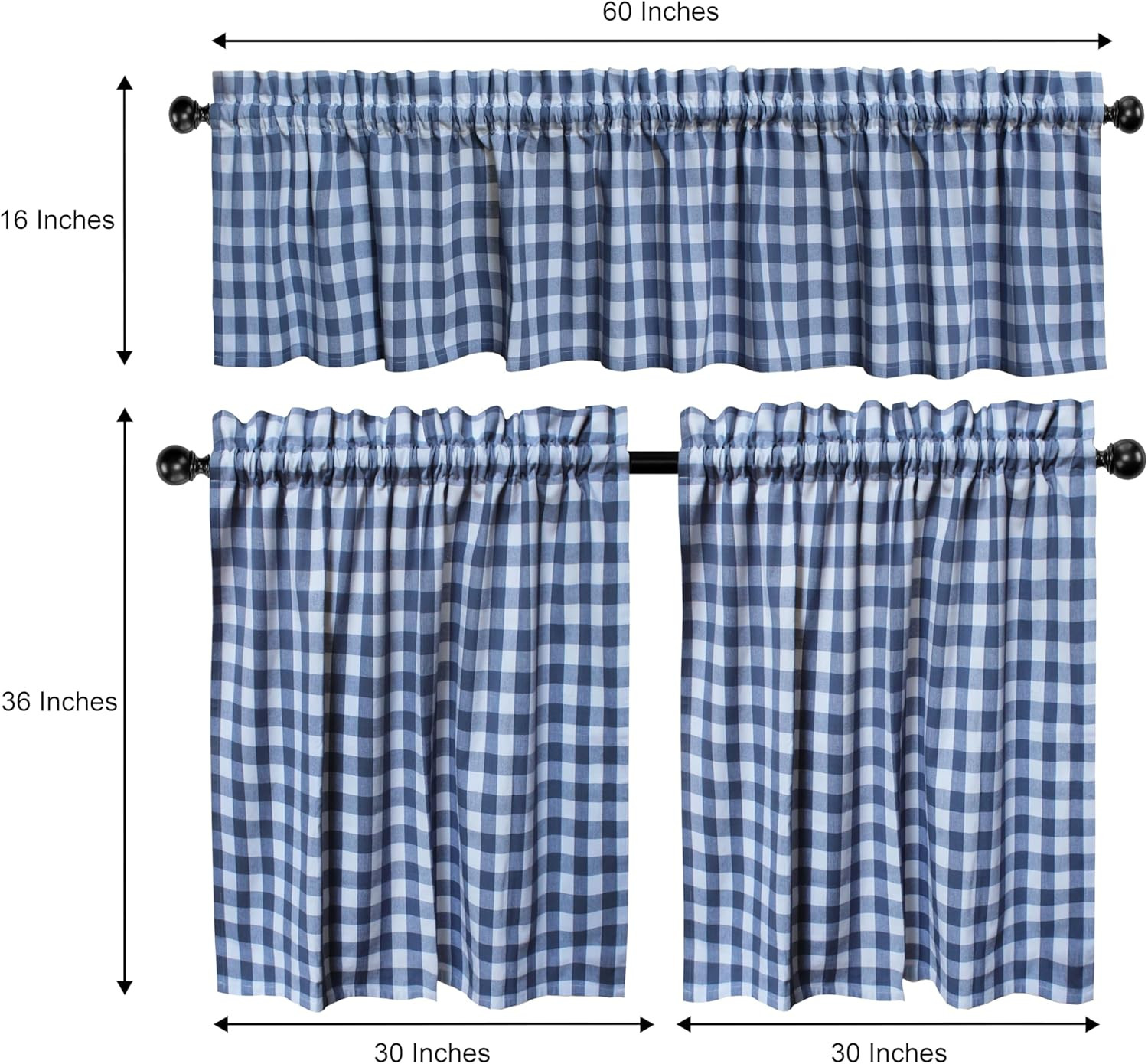 Café Curtains – Tier Window Treatment Curtains – Blue and White Gingham Check 3