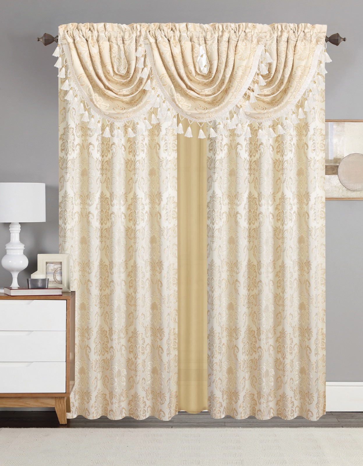 Empire Home Traditional Jacquard Olivia Window Curtain Panel/ Valance Beige/Gold