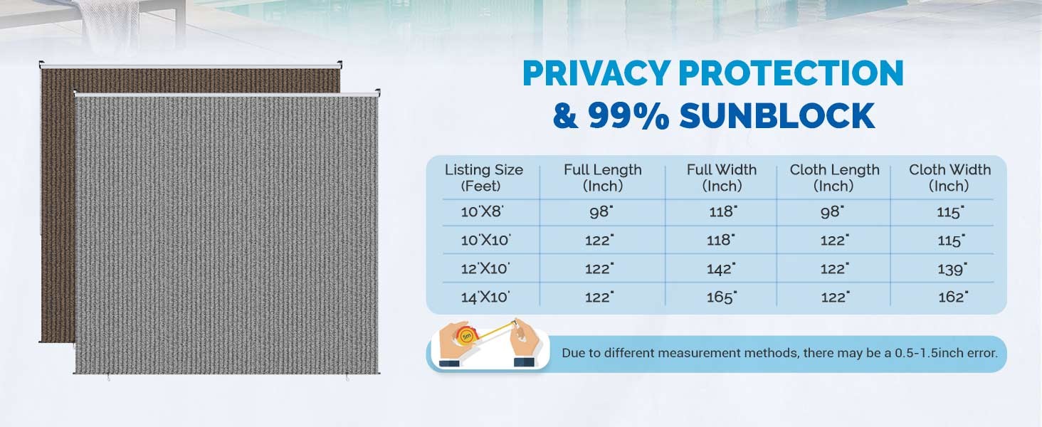 Outdoor Roller Shade, 10′(W) x 8′(H) Sun Shade Cover Canopy 220GSM HDPE with 99%