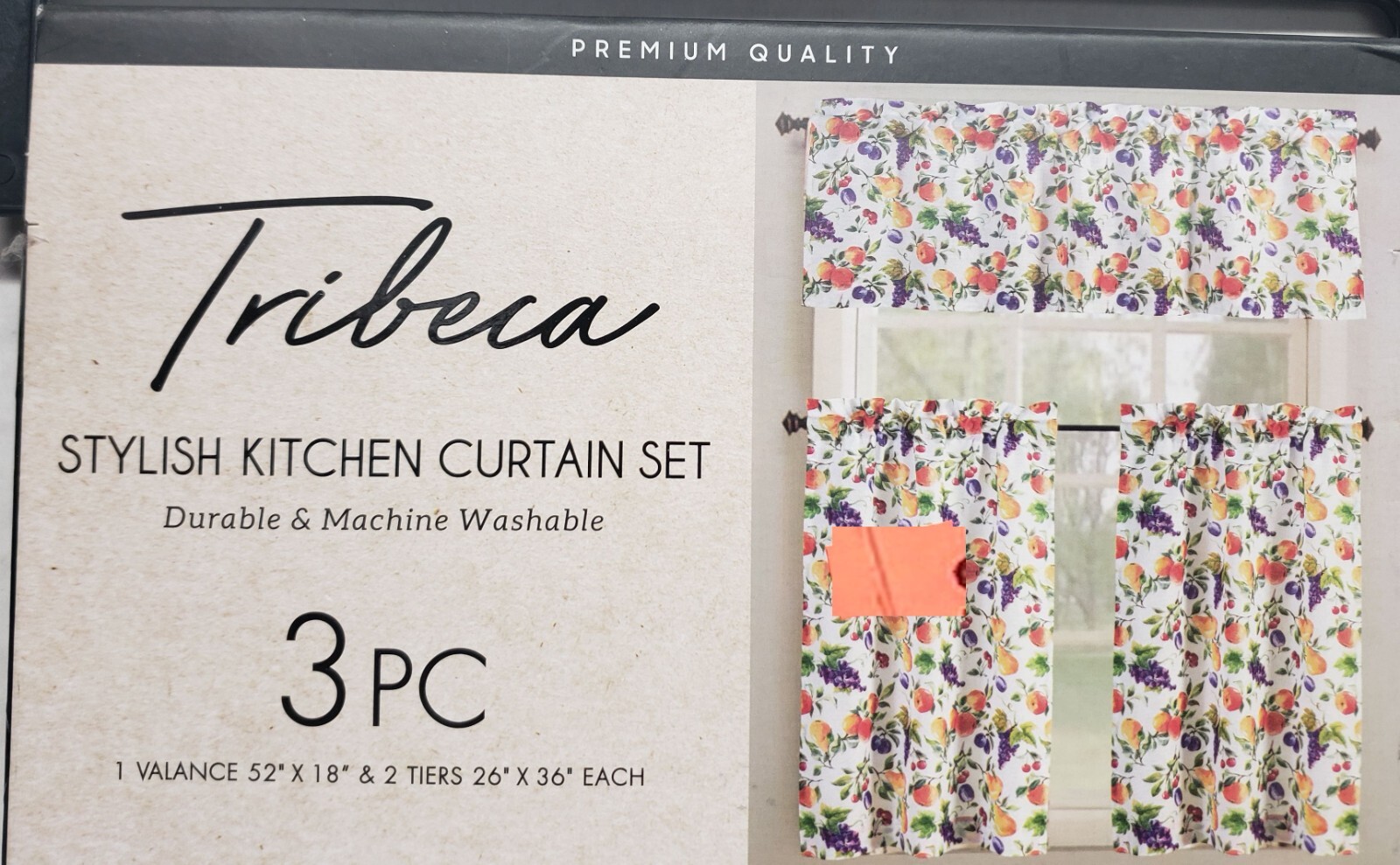 3pc Printed Kitchen Curtains Set:2 Tiers(26″x36″)&Valance(52″x18″)FRUITS,Tribeca