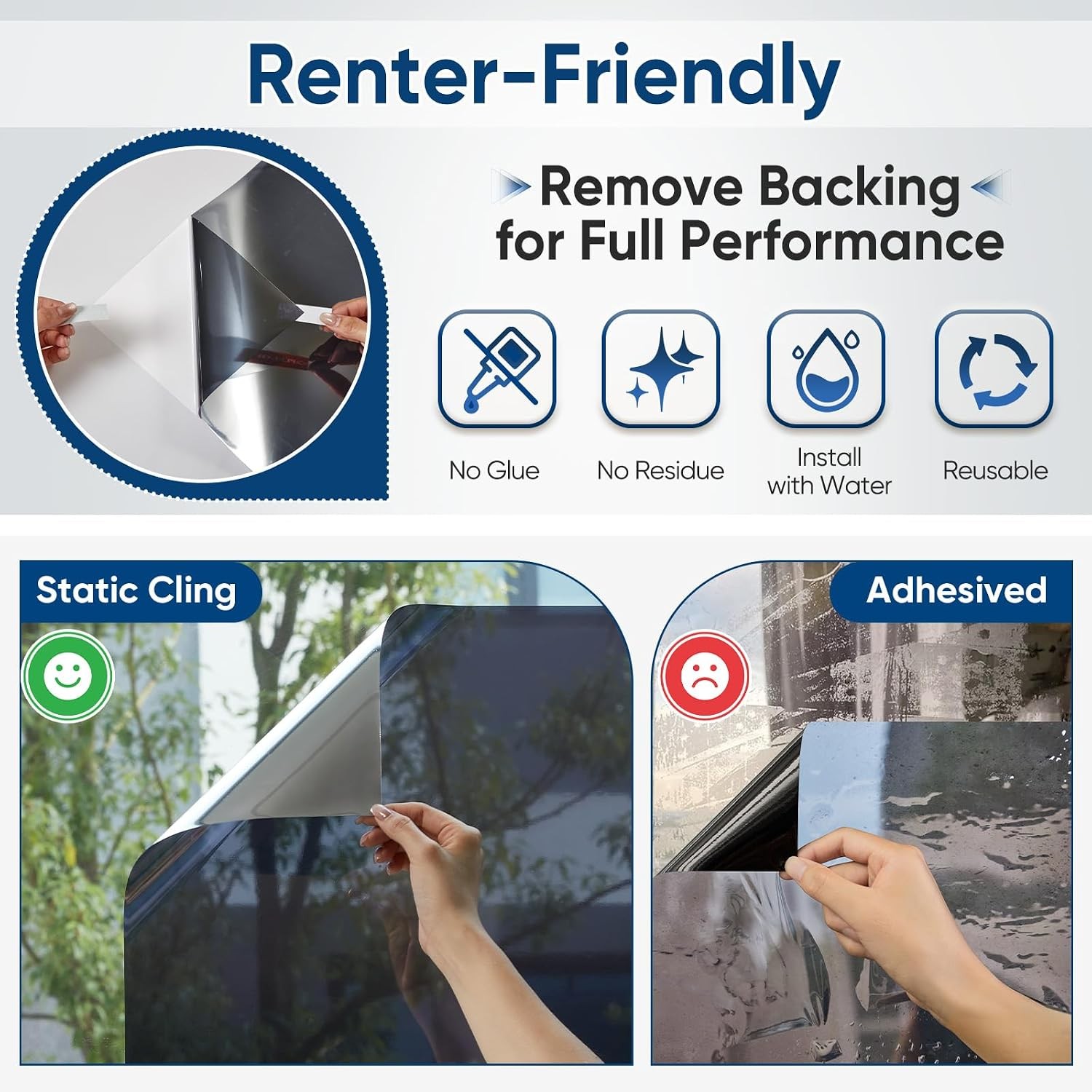 Window Tint for Home, One Way Privacy Film Heat & UV Blocking, Static Cling