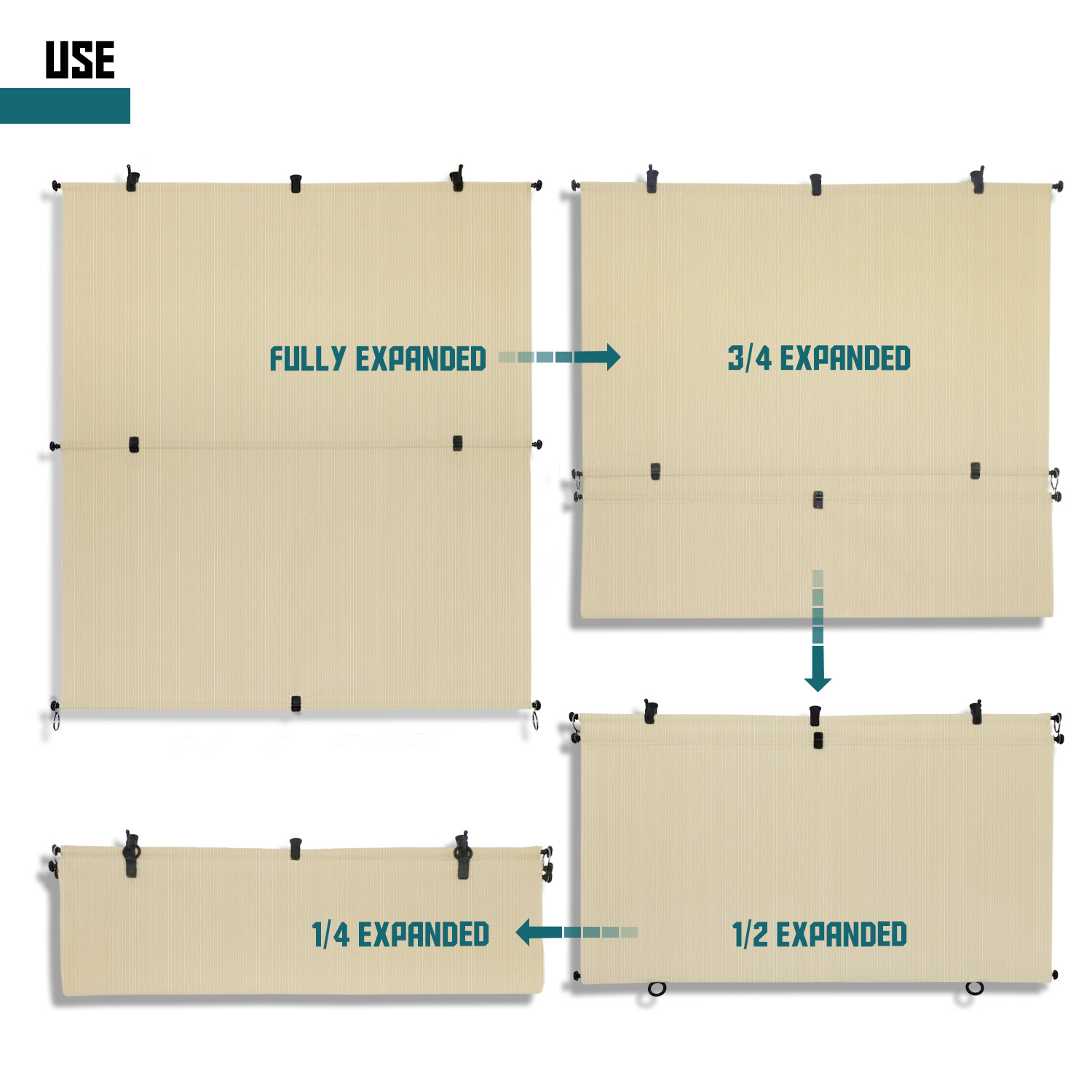 Beige Foldable Roller Sunshade Curtain for Windows Patio Porch Gazebo Outdoor