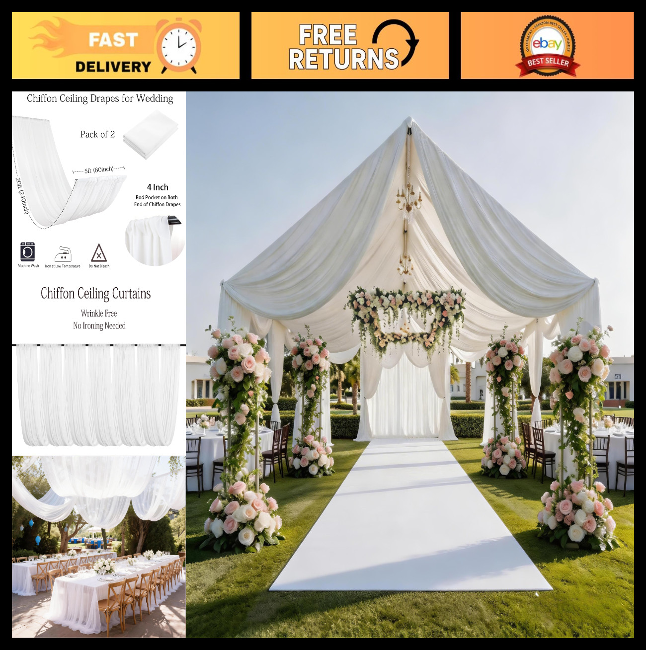 White Chiffon Ceiling Drapes – 2 Panels, 5ft x 20ft Sheer Fabric for Wedding Dec