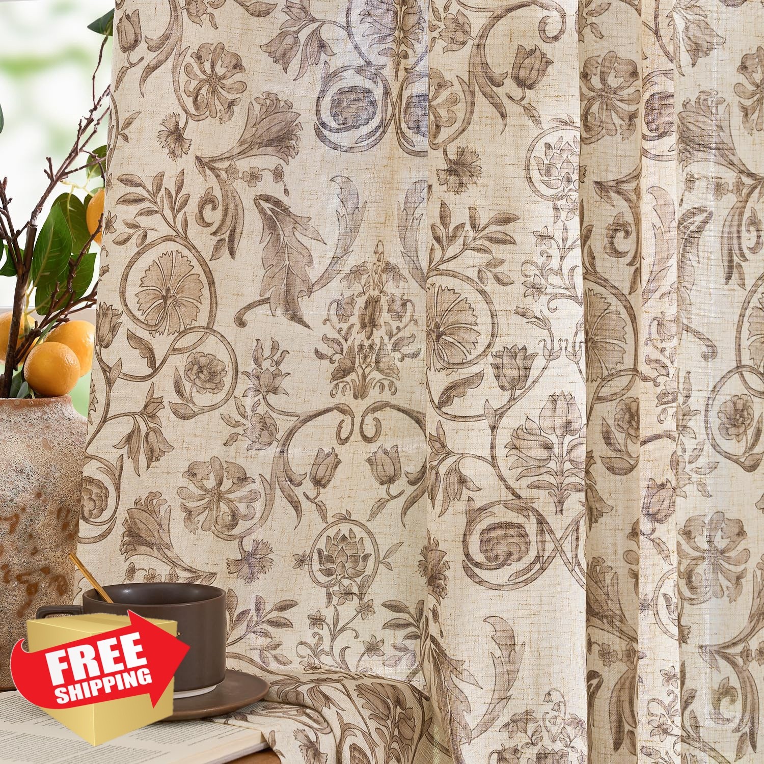jinchan Linen Floral Curtains 50″x84″ Taupe Beige 2 Panels