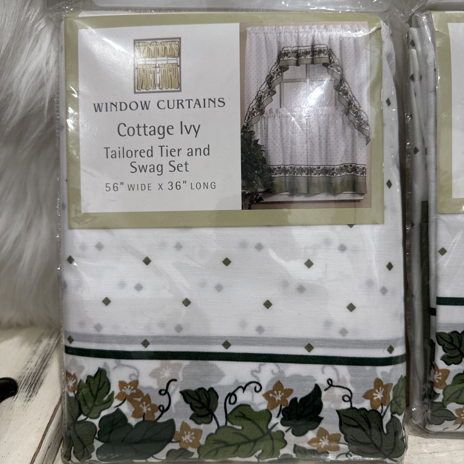 CHF Window Curtains Cottage Ivy Tailored Tier And Swag Set 56” x 36” Long (2)