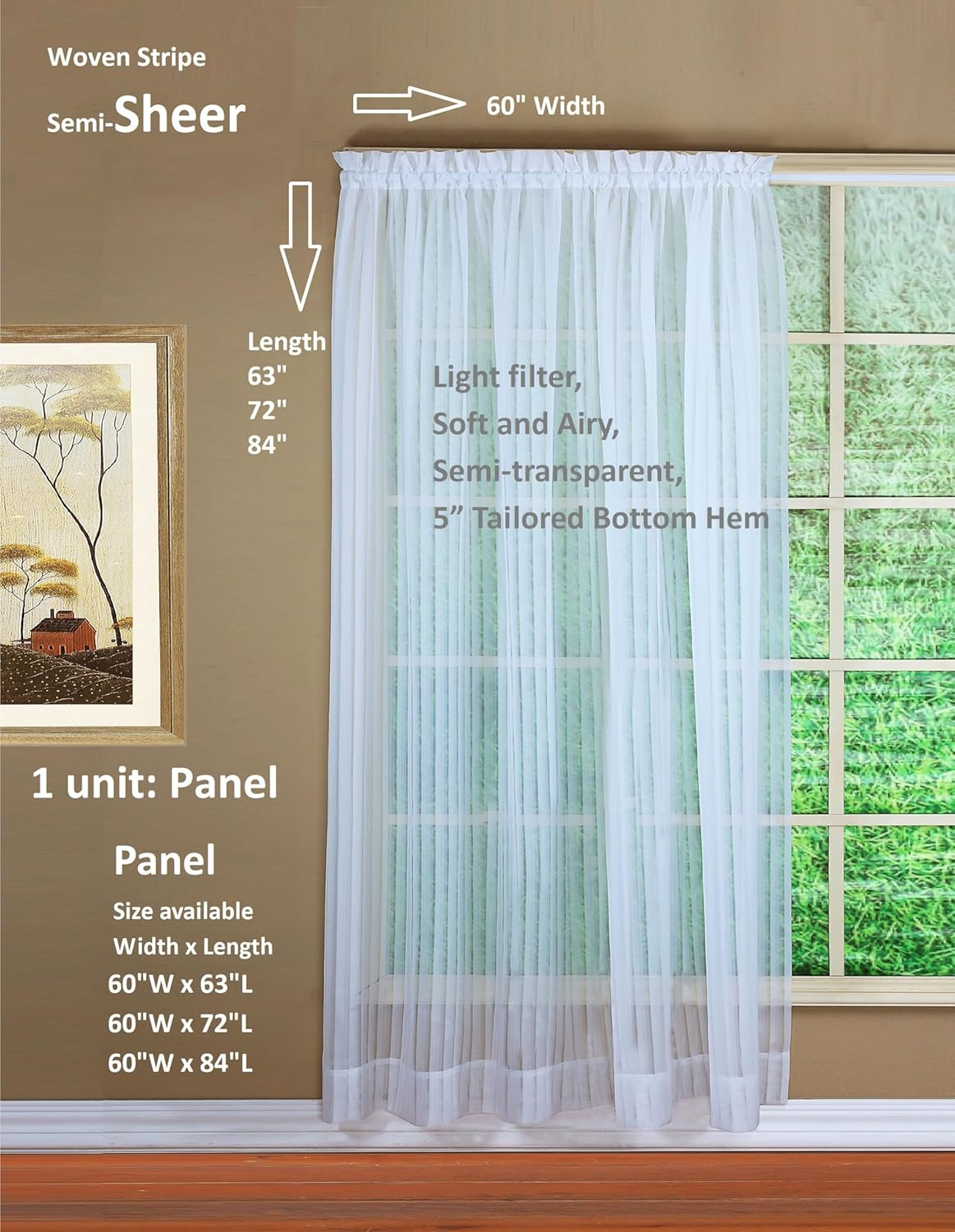 , Silhouette Stripe Sheer Panel 72″, White, 60″ W X 72″ L