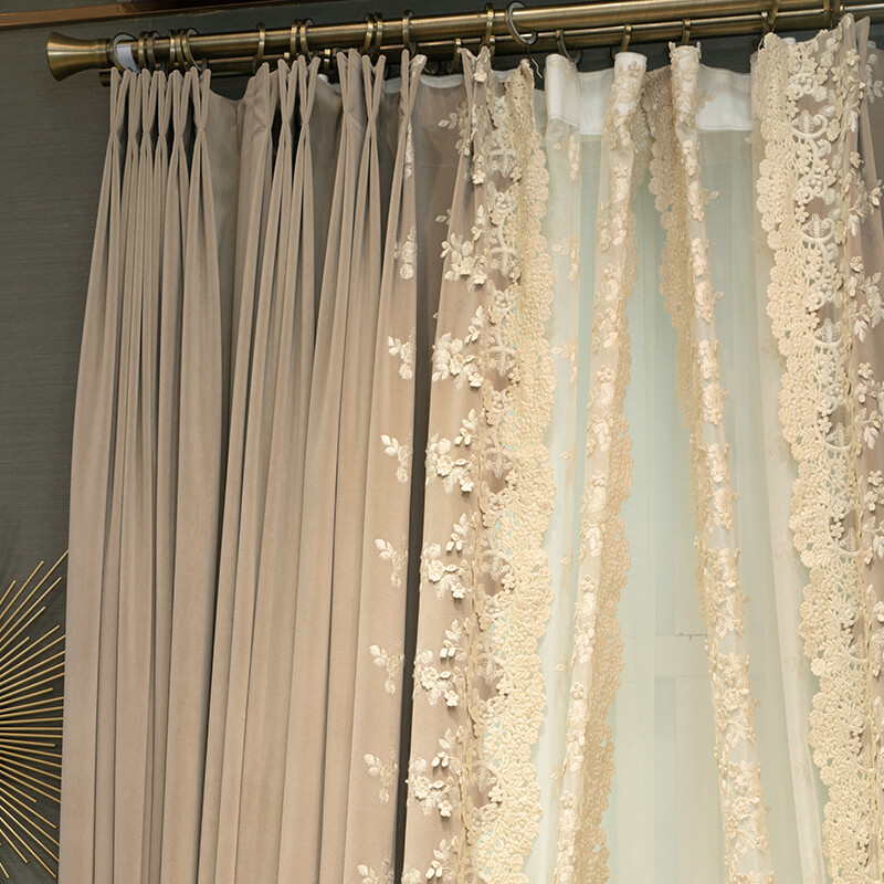 Upscale American embroidered flannelette beige velvet cloth curtain drape C1405*