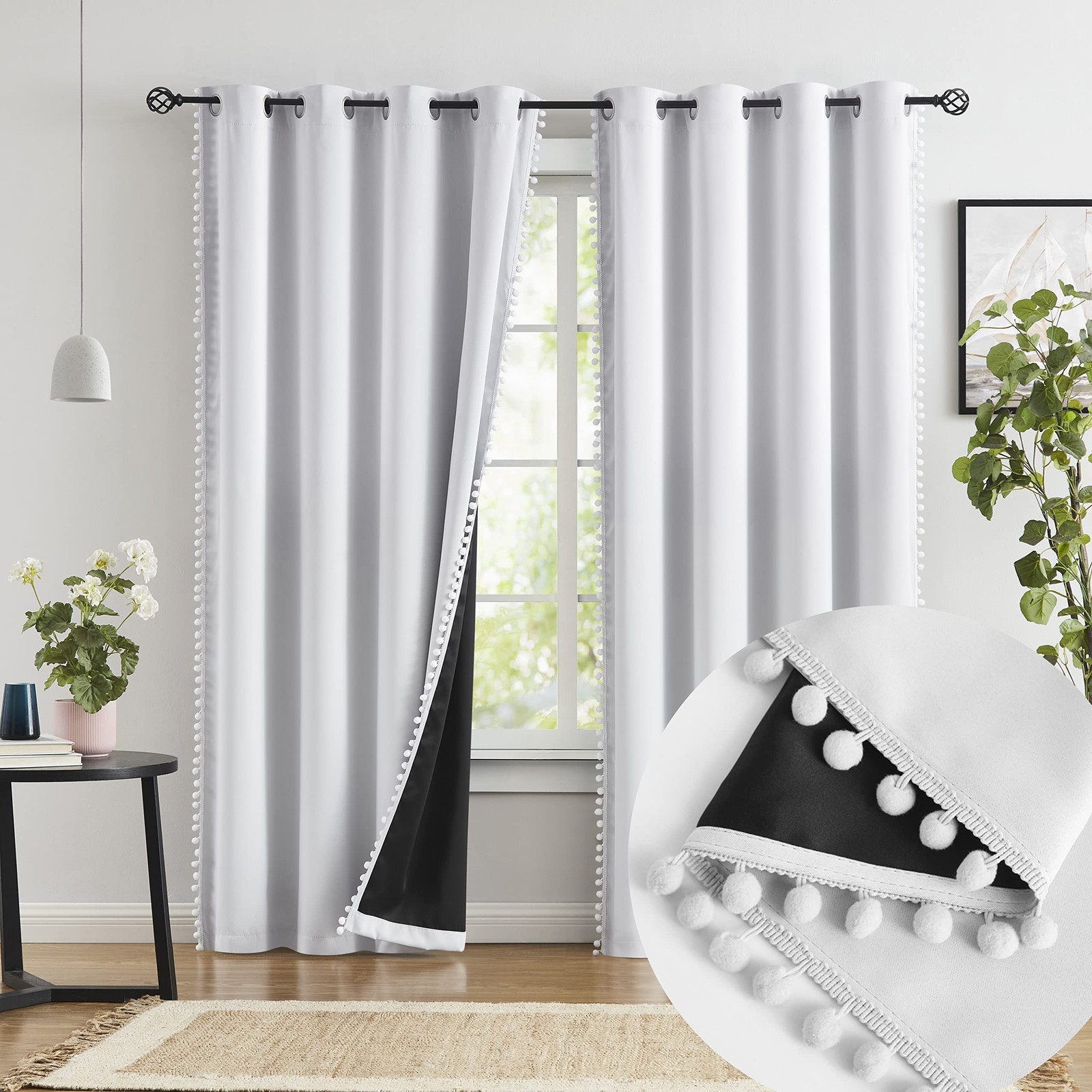 Jubilantex Greyish White 95 Blackout Curtains Cute Pom Pom Tassels Thermal