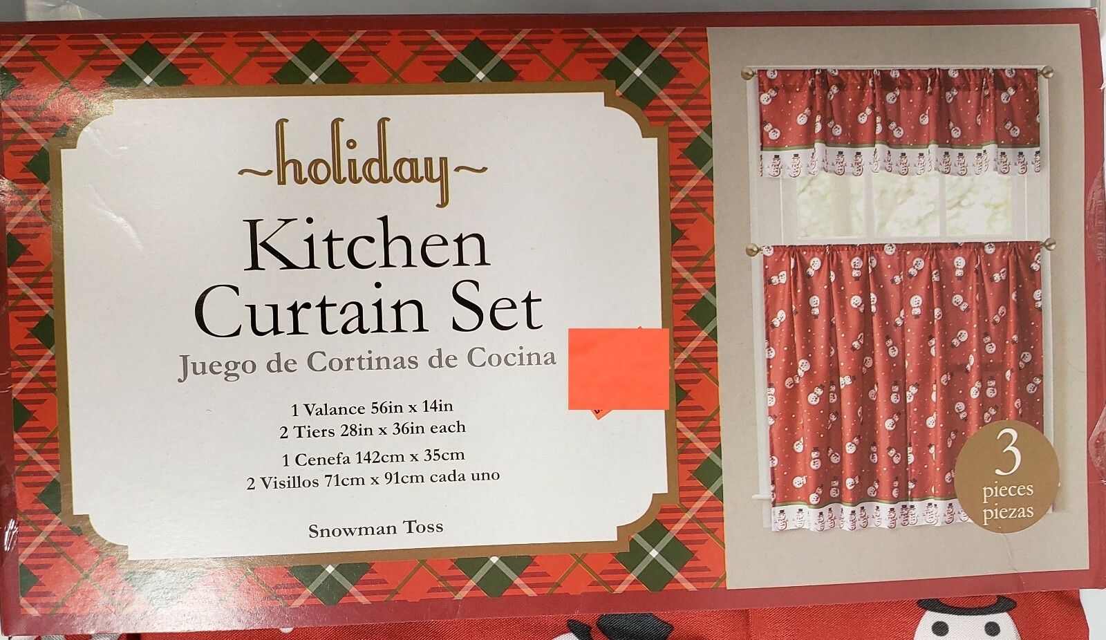 3pc Curtains Printed Set: 2 Tiers (28″)& Valance (56″x14″)SNOWMEN ON RED,Holiday