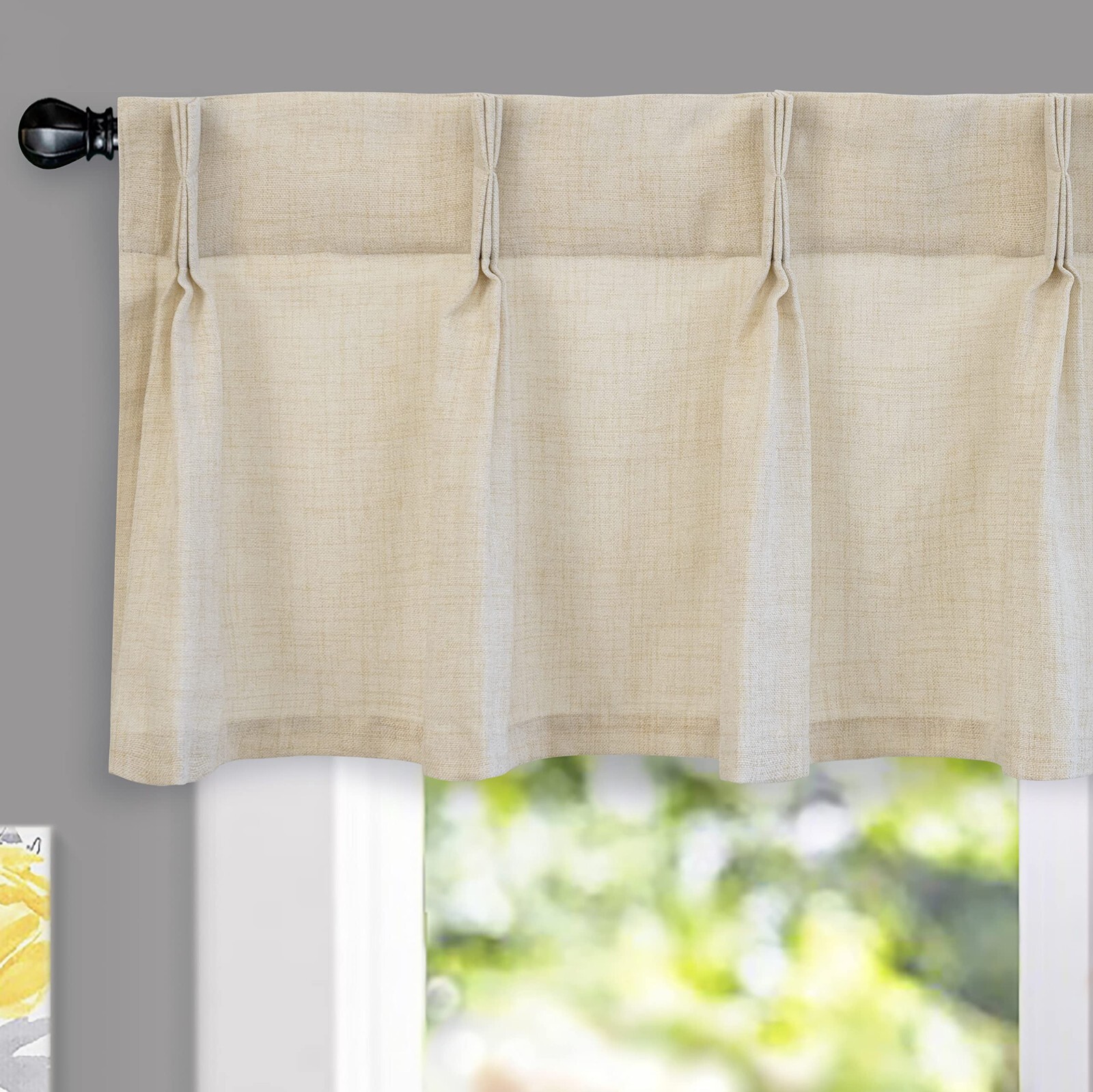 Pinch Pleat Farmhouse Valance Faux Linen Window Curtain for Kitchen Living Room