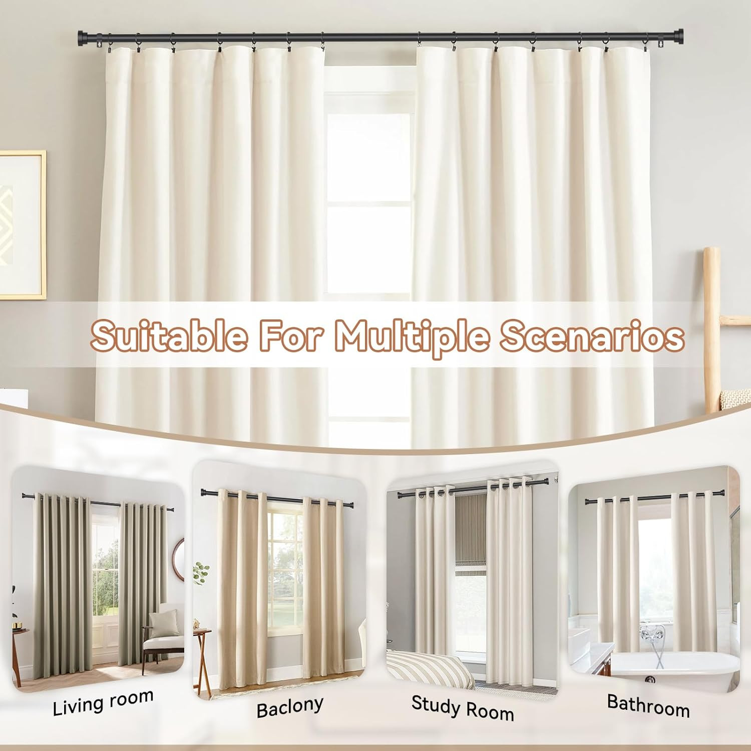 Black Curtain Rods for Windows 28 to 48 Inch(2.3-4Ft), 2 Pack 5/8 Inch Diameter