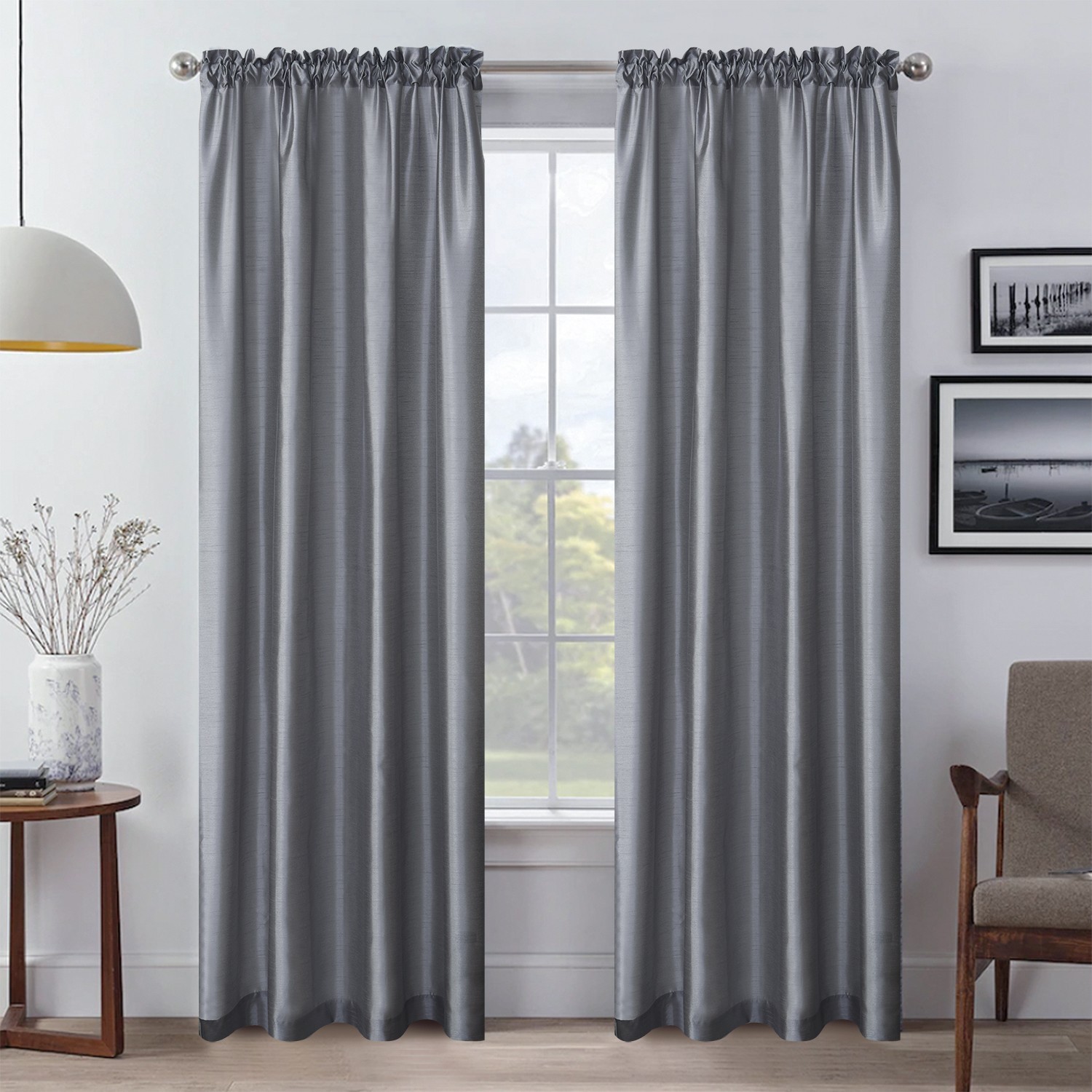 Faux Silk Semi Sheer Curtains Rod Pocket Light Reducing Silk Drapes, 2panels